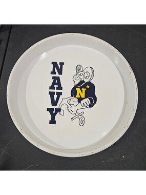 Vintage US Navy Goat Mascot Metal Tray 13" Round White Beer Serving Tray Barware